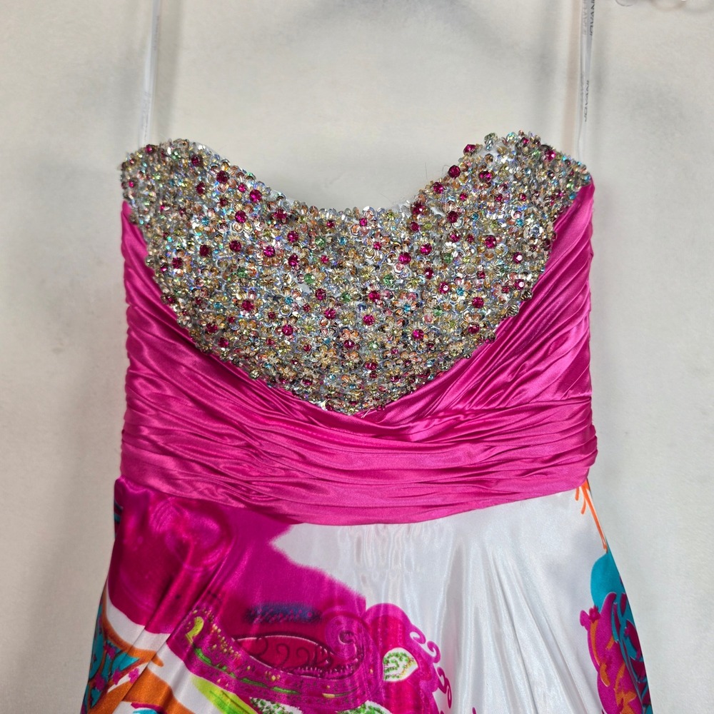 Jovani Maxi Dress Women's 2 White Pink Beaded Rhinestone Formal Prom Gown Y2K - Picture 15 of 16